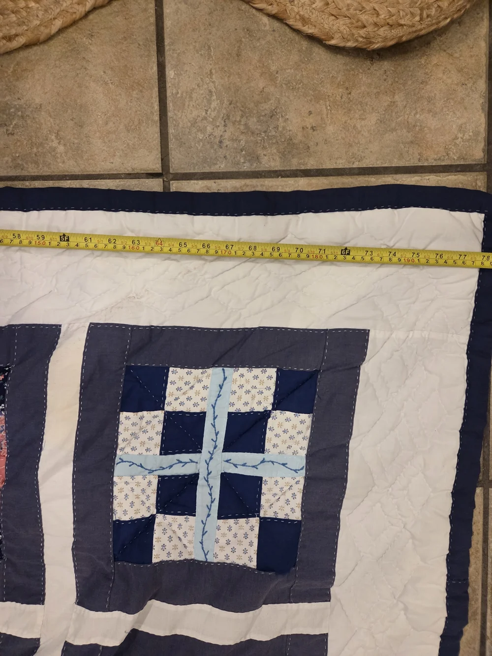 Patchwork Navy and Cream Quilt with Blue and Coral Accents